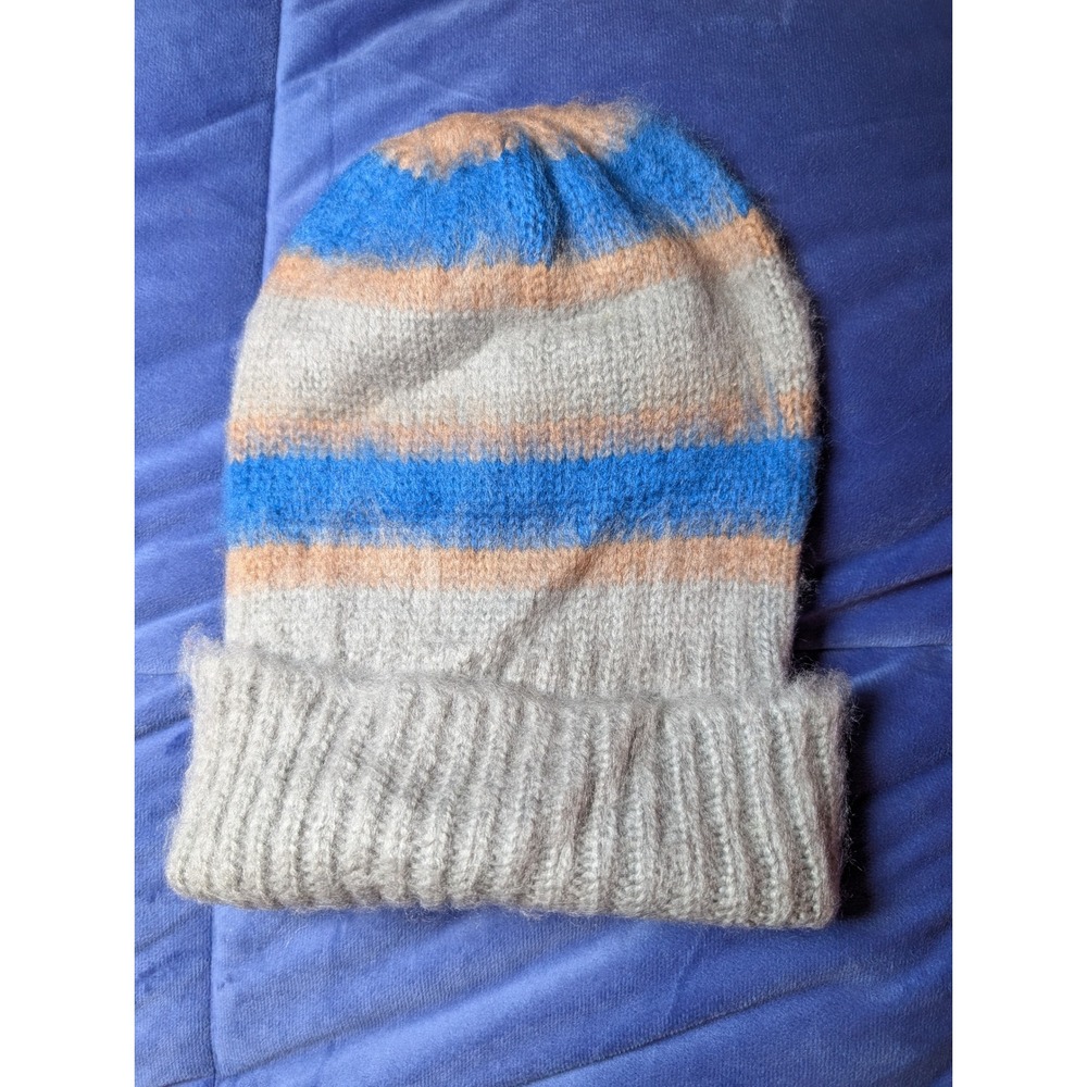Free People Beanie Hat Womens One Size Grey Blue Prep Stripe Fuzzy Knit Slouchy